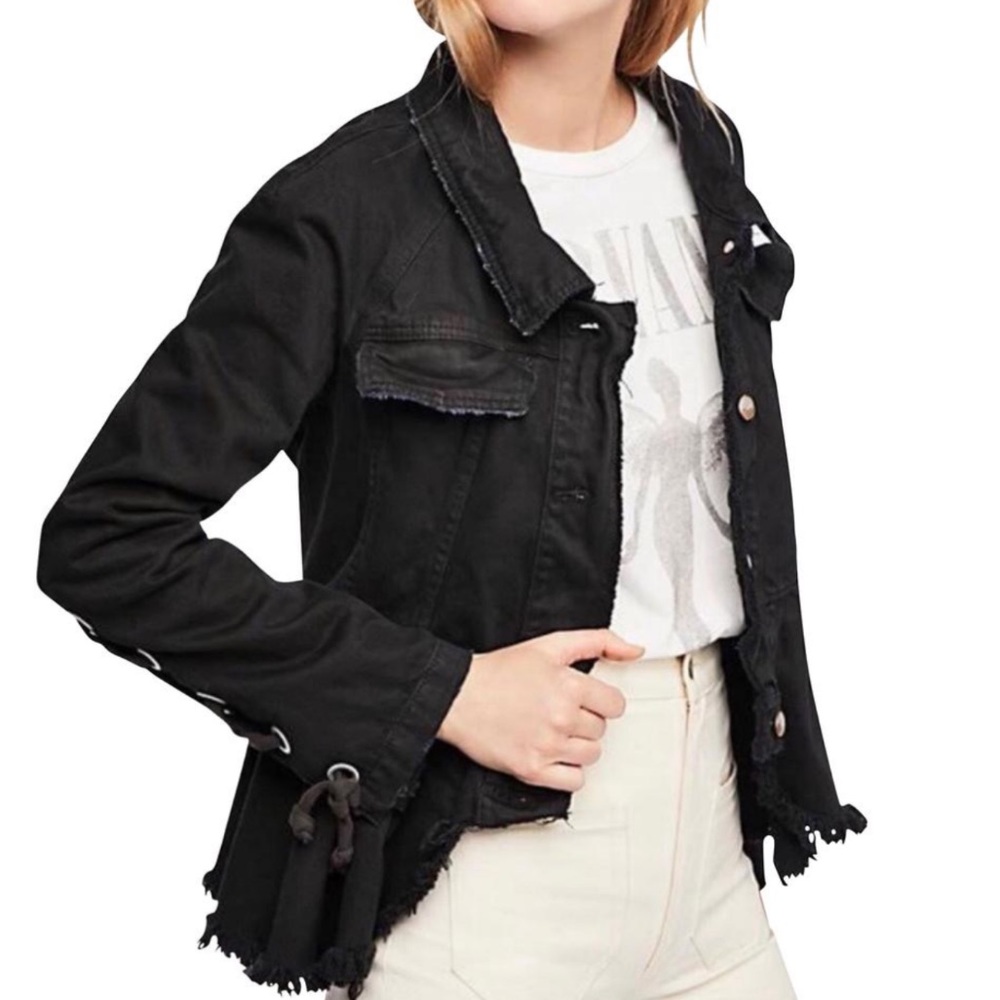 Free People Black Peplum Hem Denim Jacket Sz L worn once